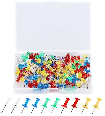 HXMJIED 100 Pcs Coloured Push Pins, Multi-Colored Plastic Thumb Tacks, Clear Push Cork Board Pins, Drawing Pins, with Storage Box Map Pin for Pinboard, Bulletin Board
