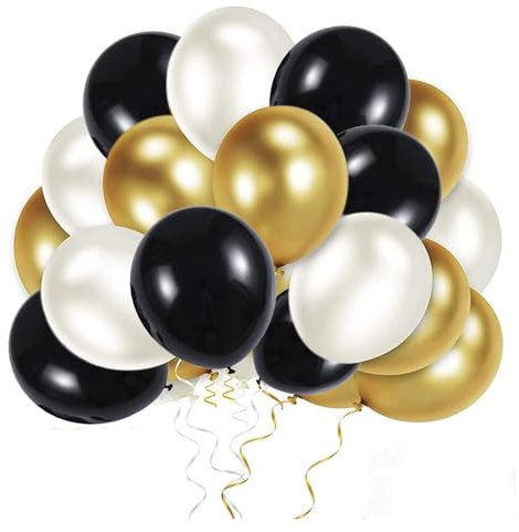YELYAN 30Pcs Balloons Set, 12 Inches White Gold and Black Metallic Latex Helium Balloons for Wedding, Birthday, Baby Shower, Party Decoration