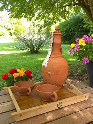 Jarre en Terre Cuite, pour Purifier Son Eau Naturellement - avec Deux Tasse et Un Plateau en bois, contenance 2l, 30cm +ou-