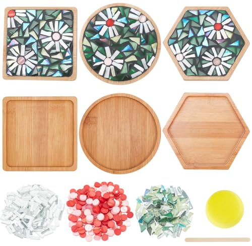 WEBEEDY 3 Styles DIY Mosaic Craft Kit Flower Mosaic Bamboo Coasters Mosaic Kits for Adults Beginner, Green Glass Mosaic Tiles Pieces with Blank Base Tray for Handmade Art Home Decor