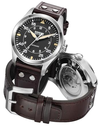 Boyarca Big Pilot Japan NH35 - Reloj de pulsera mecánico de aviador para hombre, caja de acero inoxidable, cristal de zafiro, correa de piel auténtica, luminoso e impermeable, B