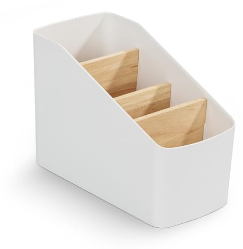 Jesustree Fernbedienung Halter Organizer, Holz Schreibtisch Halterung mit 4 Abnehmbar Fächer, Schreibtisch Organizer TV Klimaanlage Stiftehalter Make-Up Aufbewahrungsbox für Büro Zuhause Schule