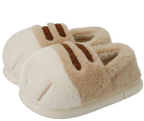 conrtems Plush cat paw slippers with non-slip soles, cozy and cute slippers (Khaki, Adult, Women, 10, Numeric Range, US Footwear Size System, 11, Medium)