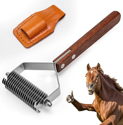 Peine de caballo de 2 caras para desenredar melenas de cabras, cepillo de vaca para aseo, juego de cepillos de caballo con soporte de peine de cuero, 40 cuchillas de acero inoxidable y mango de madera