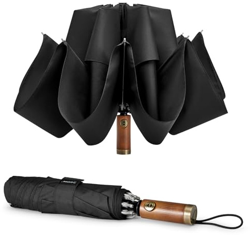 G4Free 54 Inch Inverted Windproof Umbrella with Wooden Handle, Large Double Canopy Auto Open & Close Golf Umbrella, Portable & Durable Rain Umbrella for 2 people, Fits Car & Backpack(Black)
