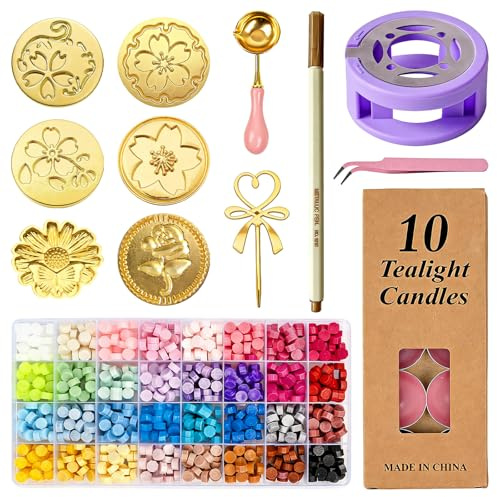 1121Pcs Wax Seal Kit, Sealing Wax Beads Set with Warmer, 6PCS Alien Seal Head Lacquer spoon Blue Handle 10PCS Candles 1Pcs Metallic Pens for Stamps