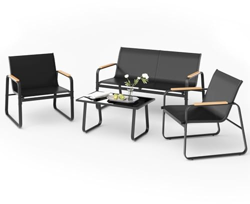 Mondeer Garden Furniture Set, 4 Pieces Outdoor Patio Furniture Set with Wood-Plastic Armrests, Garden Table and Chairs Waterproof Breathable Synthetic Fabric, for Balcony Terrace Backyard, Black
