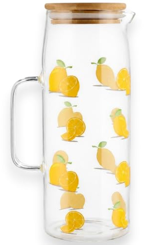 KORAT - Caraffa in Vetro Borosilicato 1,2 Litri con Coperchio in Bambù e Guarnizione in Silicone, Brocca Acqua e Bevande Calde/Fredde, Decorazione Limoni, Beccuccio Antigoccia