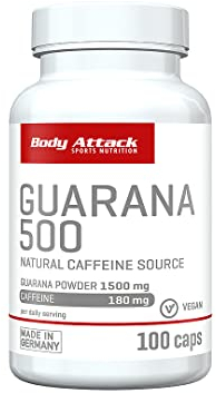 Body Attack Sports Nutrition Guarana 500, 100 Kapseln - Made in Germany - hochdosiert - 1500mg Guarana & 180mg natürliches Koffein