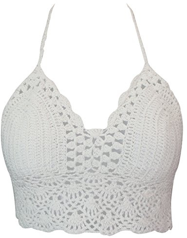 Jardin Rêvé Top Débardeur Courte Femme Bretelles Dentelle Fleur Dos Nu Plage (Blanc)