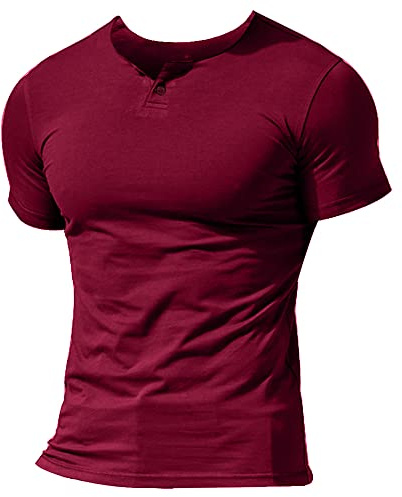 Musclealive Hommes Decontractee Manche Courte Henleys T-Shirt Unique Bouton Patte de Boutonnage Cou uni Chemises en Coton Style A Rouge, XL