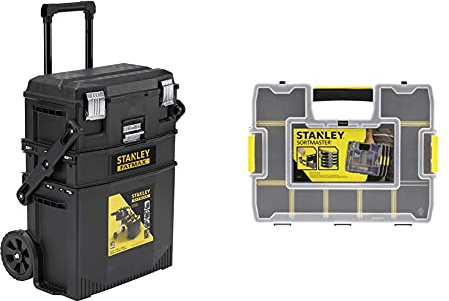 Stanley FATMAX Cantilever Rolling Toolbox Trolley, 4 Level Workstation with Portable Tote Tray & Sortmaster Stackable Storage Organiser for Tools, Small Parts, Adjustable Compartments, 1-97-483