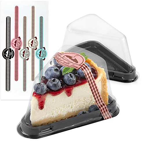 Cake Slice Containers Plastic Disposable, Cheesecake Boxes, Pie Container with Lid for Individual Slices of Cakes, Disposable Triangular Pie Box, Reusable, Complimentary Stickers (50 Pack)
