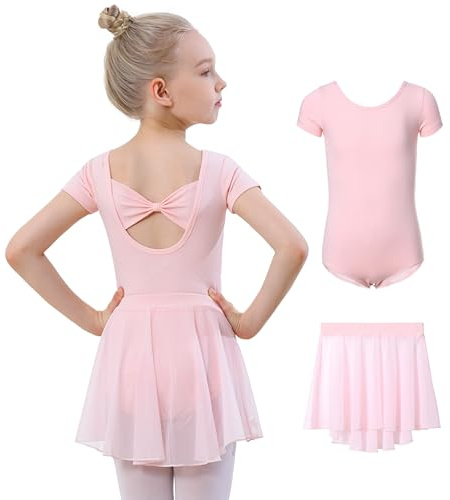 DIPUG Pink Girls Ballet Leotards with Removable Skirt Toddler Hollow Back Dance Dress Combo Size 6 7 8 M