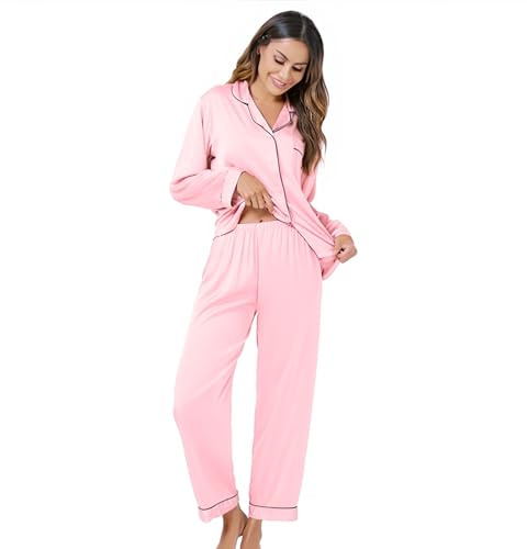Xuepelit Satin Schlafanzug Damen Langarm Silk Pyjama Set Mit Knopfleiste Zweiteiler Loungewear Lang Elegant NachtwäSche Schlafshirt