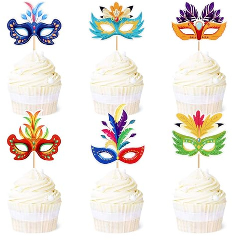Blumomon 24 pezzi Masquerade Cupcake Picks Maschera Cupcake Toppers per addio al nubilato Mardi Gras Party Baby Doccia Compleanno Torta Accessori Decorazione per Torta per Mascherata