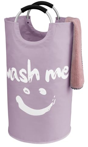 IHOMAGIC 95L Faltbar Wäschesammler Wäschetonne Stoff Wäschesack mit Griffe Dekorativer Wäschekorb mit Smiley Face für das Schlafzimmer - Wäschesortierer Aufbewahrungskorb Badezimmer Waschküche, Purple