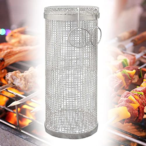 Rolling Grill Basket, Stainless Steel BBQ Grill Basket Fish Roaster, Grill Basket for Fish Vegetables Steak Shrimp Choppers-L (S)