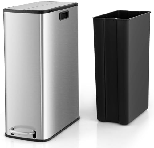 COSTWAY Bidone per Rifiuti in Acciaio Inox 46L, Cestino per Spazzatura con Ali a Bloccaggio Morbido e Secchio Interno Rimovibile, Bidone della Spazzatura a Pedale per Casa Ufficio