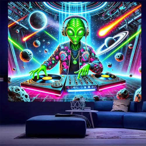 BlissYard Tapiz de DJ de luz negra de 78 x 59 pulgadas, reactivo a los rayos UV, tapices de animales, mural, sala de estar, dormitorio, mantas, regalos de fiesta, decoración de dormitorio de hombres