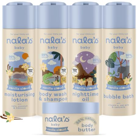 Nala's Baby Vanilla Cloud Complete Bundle | Full Vanilla Cloud Range of Body Wash & Shampoo, Body Lotion, Nighttime Oil, Body Butter, Bubble Bath | Allergen-Free Fragrance | Dermatologically-tested