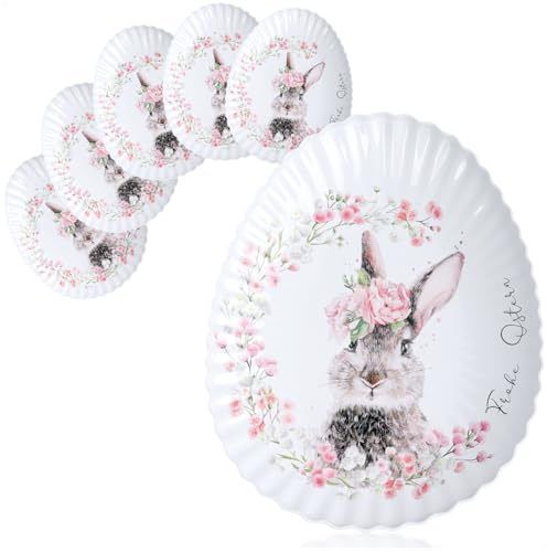 com-four® 6X Piatti pasquali in Metallo con Simpatico Motivo a Forma di Coniglio - Piatti Decorativi per Pasqua e Primavera - Piatti a Forma di Coniglio per Dolci (Coniglio a Forma di Uovo - 6X)