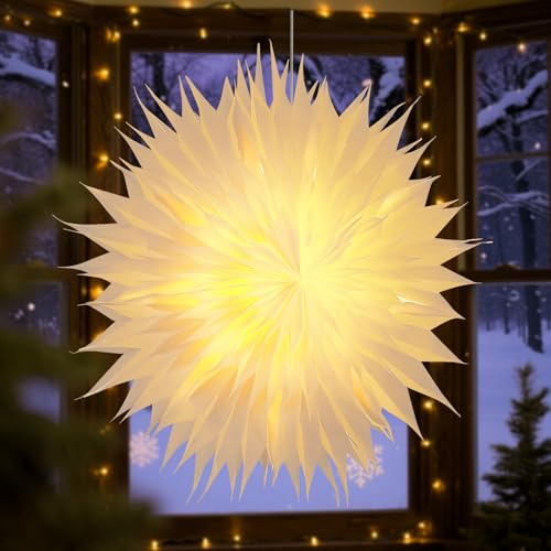 Sky angle Étoile de Noël 3D en papier éclairée - Batterie avec minuterie pour fenêtre - 60 cm - Pour décorer le sapin de Noël en intérieur - À suspendre - Jaune