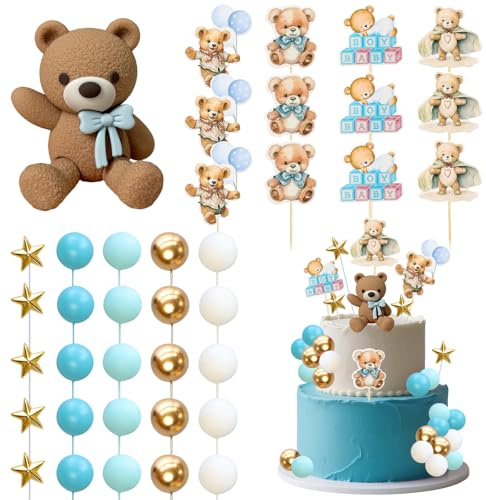 Orso Decorazione Torta, 38 Pcs Decorazioni Torta Orso, Orsetto Cupcake Topper, Palline Decorative per Torte, Palline Cake Topper Blu Bianco Oro per Festa di Compleanno