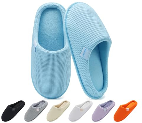 ONCAI House Slippers for Women, Cushion Memory Foam Cotton Lining Waffle Upper Slipper for Woman 2025 Cosy Warm Winter Womens Slippers Home Soft Lightweight Indoor House Shoe Light Blue Size 8 UK