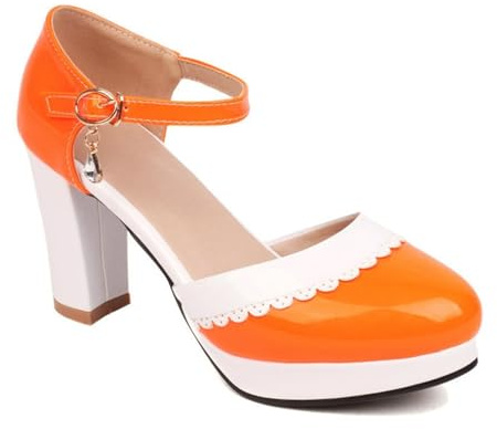 Zapatos retro Mary Jane para mujer, con bloque de color, puntera cerrada, tacón grueso, para fiesta, boda, vestido con hebilla de correa al tobillo, Orange, 39 EU