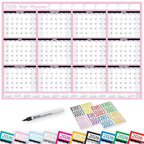 PlannerHead 2026 Laminated Wall Planner Calendar Chart Poster/Yearly Calendar 2026 / Grid Style 12 Months with Pen & 400 Stickers / 2027 Footnote Included/Baby Pink/Large (49x70cm)