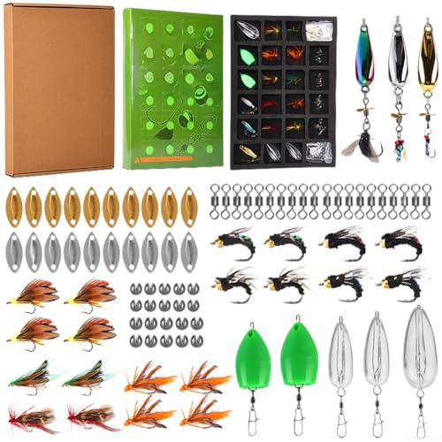 Juego de cajas de pesca con mosca, 24 piezas con plomos, giratorios, pesos de tiro divididos y para señuelos de trucha, equipado con forro de EVA y 24 ranuras de compartimento para un arreglo seguro y