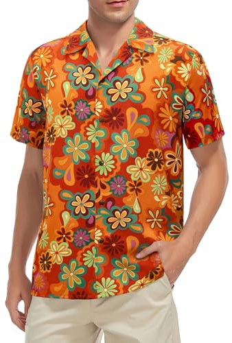 Zando Mens Hawaiian Shirts Short Sleeve Vintage 70s 80s Shiteshirts Funny Summer Casual Button Down Beach Holiday Tops, Vintage Orange Blossom, M
