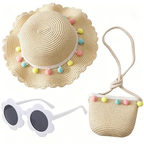 Girls Straw Hat, Sun Hat Set Mini Straw Handbag and Sunglasses Summer Beach Straws Cap Crossbody Bag Sets Beach Straws Hats Summer Travel Accessories for Beach,Vacation,Outdoor Activities(Beige)