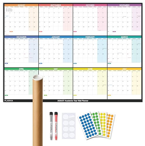 XL 2026-2027 Academic Year Wall Planner A0 (119 x 84cm) UK Calendar Laminated Rolled No Creases Erasable Yearly Wall Chart with Dry Erase Pens, Adhesive Pads & Coloured Stickers Home Office by Planvia