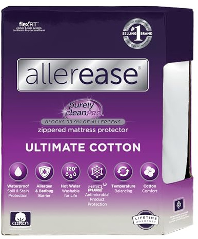 AllerEase Ultimate Cotton Top Allergy Protection and Comfort Zippered Mattress Protector Queen, White