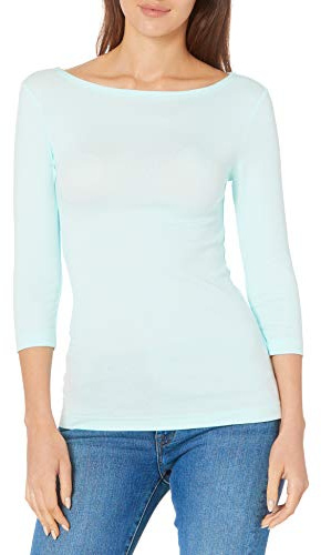 Amazon Essentials Women's Slim-Fit 3/4 Sleeve Solid Boat Neck T-Shirt, Aqua Blue, M