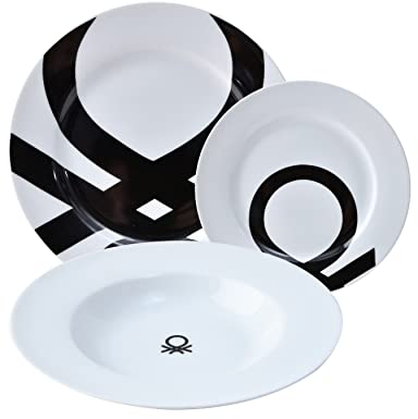 UNITED COLORS OF BENETTON. BE107 Set 18pcs vajilla Porcelana diseño Logo Estampado Negro Casa Benetton