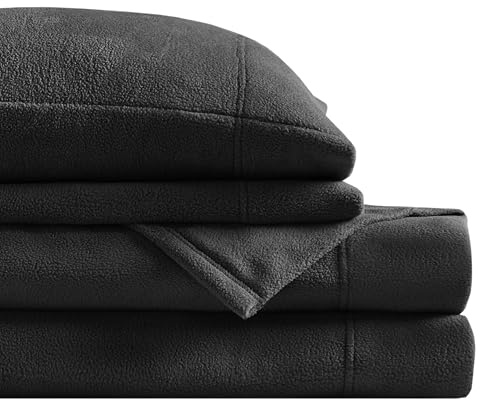 True North by Sleep Philosophy Micro Fleece Bed Sheet Set, Warm, Sheets with 14 Deep Pocket, for Cold Season Cozy Sheet-Set, Matching Pillow Case, Cal King, Black, 4 Piece