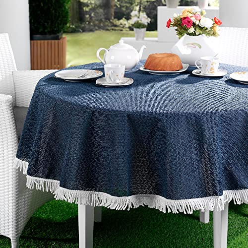 EMHELLE Gartentischdecke Garten Balkon Terrasse Tischdecke Camping Picknick Rund Oval Eckig Außen und Innenbereich Rutschhemmende Oberfläche mit weißen Fransen (130 cm Rund, Dunkelblau)