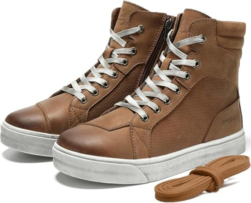 Chaussures de moto en cuir pour hommes, bottes de moto rétro baskets de moto respirant décontractées, fermeture à glissière avec coussinet de vitesse, semelle antidérapante (marron, 42)