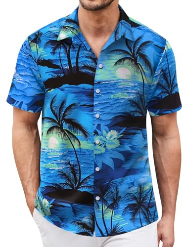 Hawaiian Shirt for Men Short Sleeves Tropical Printed Casual Button Down Summer Beach Floral Shirts Blue