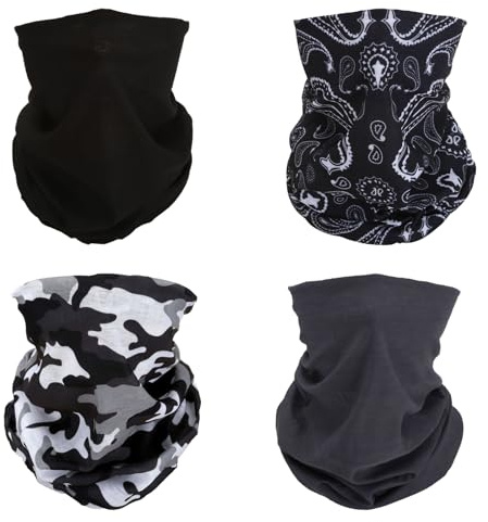 SMEHCF 4 Multipurpose Bandanas for Women Men Headband Balaclava Hair Head Scarf Face Half Airsoft Paintball Mask Neck Gaiters Breathable Reusable Washable Camo Cashew Flower Black Grey