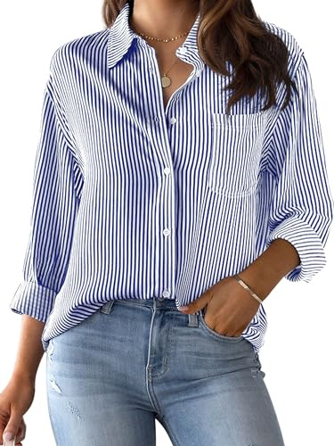 CUNLIN Navy Blue Shirt Women Blouse Button Down Up Striped Long Sleeve Shirts for Tops Cotton Womens Work Top Blouses Navy Blue Size L