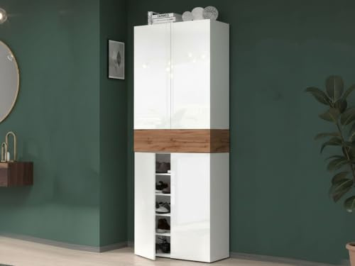 Dmora - Étagère à Chaussures Moris, étagère à Chaussures Peu encombrante à 5 Portes, Armoire d'entrée multifonctionnelle, 76x38h200 cm, Blanc et chêne