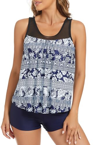 Adigaber Maillot De Bain Deux Pièce Tankini Imprimé Rembourré Maillot avec Short de Garçon Maillots de Bain à Jupette Elégante Taille Haute Beachwear