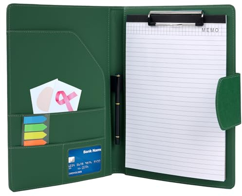 Agoer A4 Clipboard Folder,Faux Leather Conference Portfolio with Magnetic Closure Cover,Business Conference Folder A4 with Paper,Sticky Arrow Tabs,Pen,Clip Board Organizer for Men & Women,Retro Green