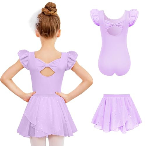 Arshiner Ballettkleid Mädchen Lila Ballettkleidung Kurzarm Ballettanzug Baumwolle Tanzkleid Rückenfrei Ballett Trikot Ballerina Outfits mit Tütü 7-8 Jahre