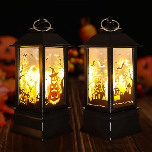 GAROMIA 2 Stück Halloween Deko Kerzenlaterne Halloween Laterne mit LED Kerze Kerzenlaterne Laterne Kerzen Halloween Deko Innen Outdoor Kürbislaterne zum Aufhängen Herbst für Halloween