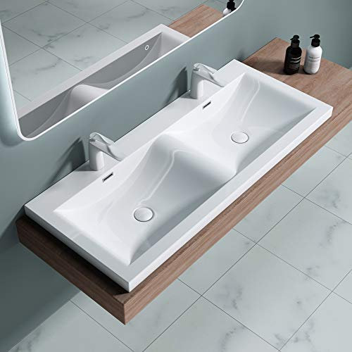 doporro Double Lavabo Vasque à Encastrer 120 cm Blanc Lave Mains Rectangulaire en Solid Surface pour Salle de Bains 120x48x12 cm Colossum03
